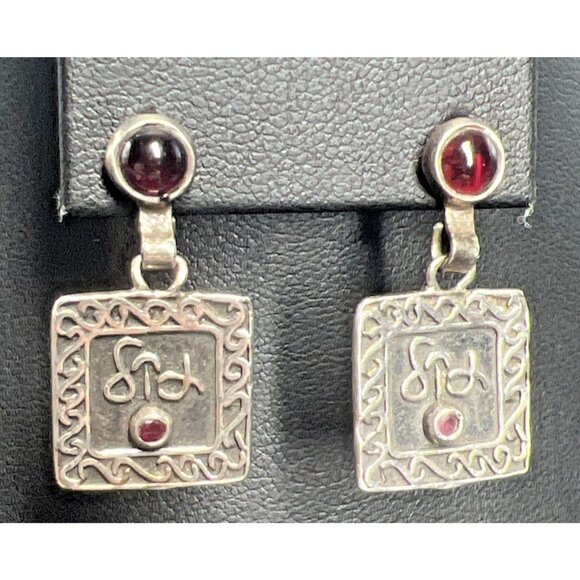 Vintage Sterling Silver Garnet Earrings Stud Square Dangle Geometric 1" Long - Picture 1 of 13